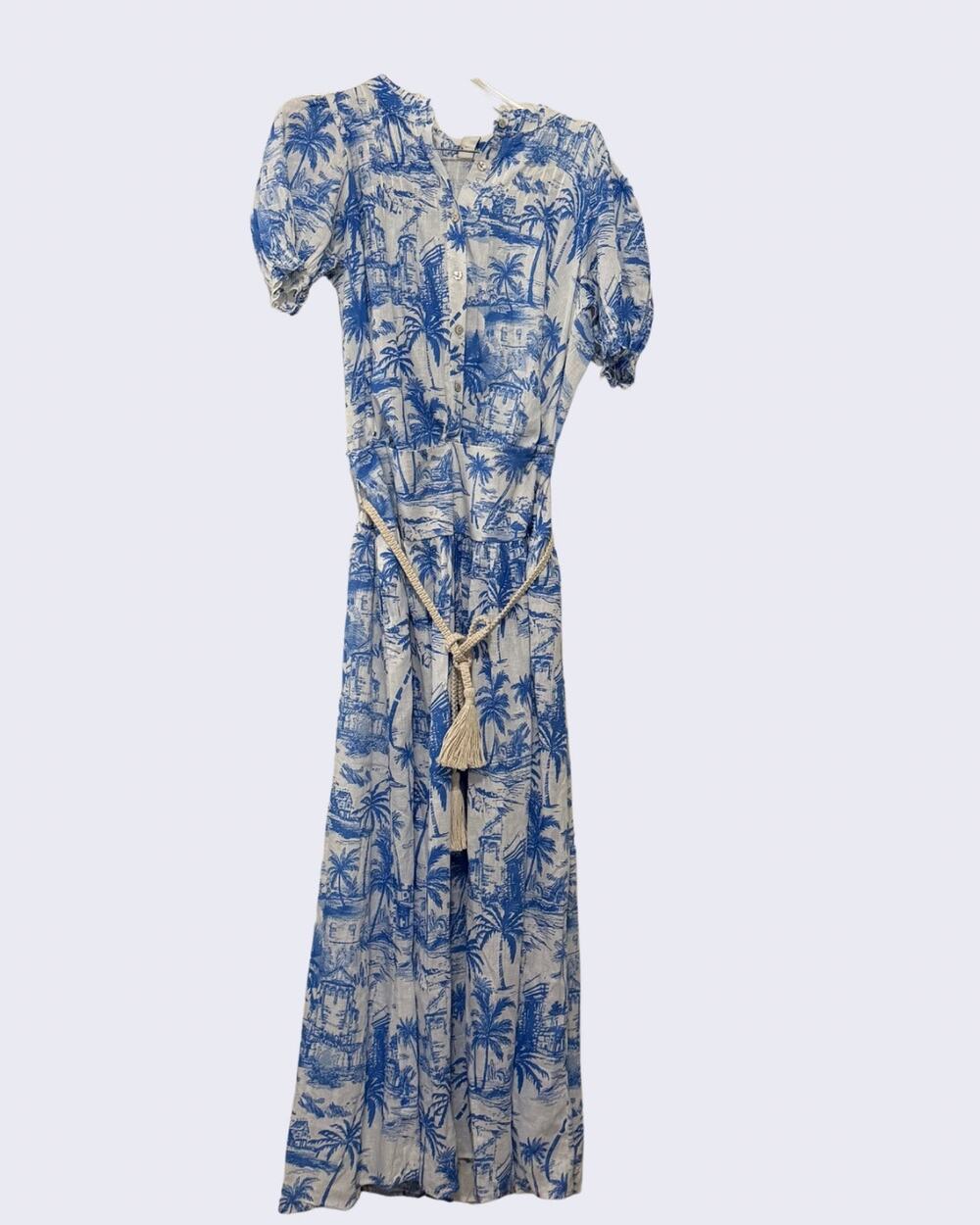 Joie 2-Piece Matching Linen Set - Tropical Toile Puff Sleeve Top & Midi Skirt